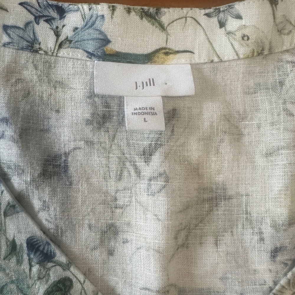 J.Jill Linen Midi Dress Large Lucite Bird Utopia Puff Sleeve Cottage Coastal - Picture 7 of 16